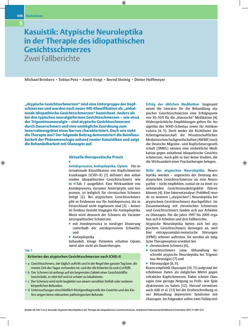 Vorschauseite 1: Kasuistik: Atypische Neuroleptika in der Therapie des idiopathischen Gesichtsschmerzes - Zwei Fallberichte