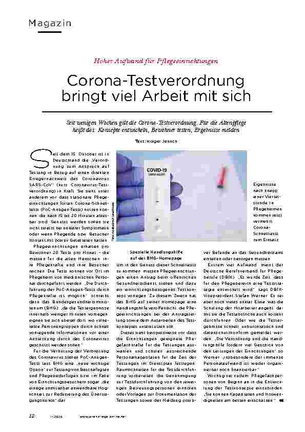 Vorschauseite 1: Corona-Testverordnung bringt viel Arbeit mit sich.