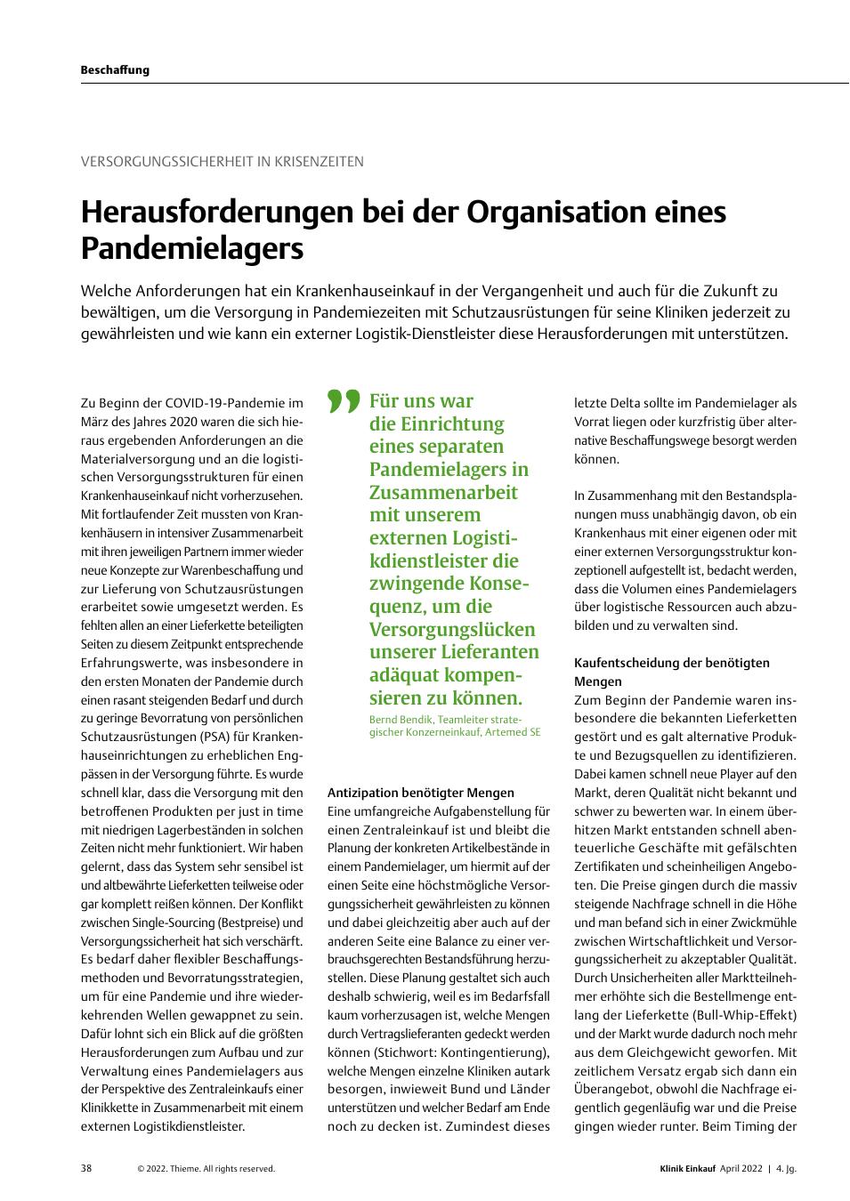 Vorschauseite 1: Versorgungssicherheit in Krisenzeiten: Herausforderungen bei der Organisation eines Pandemielagers