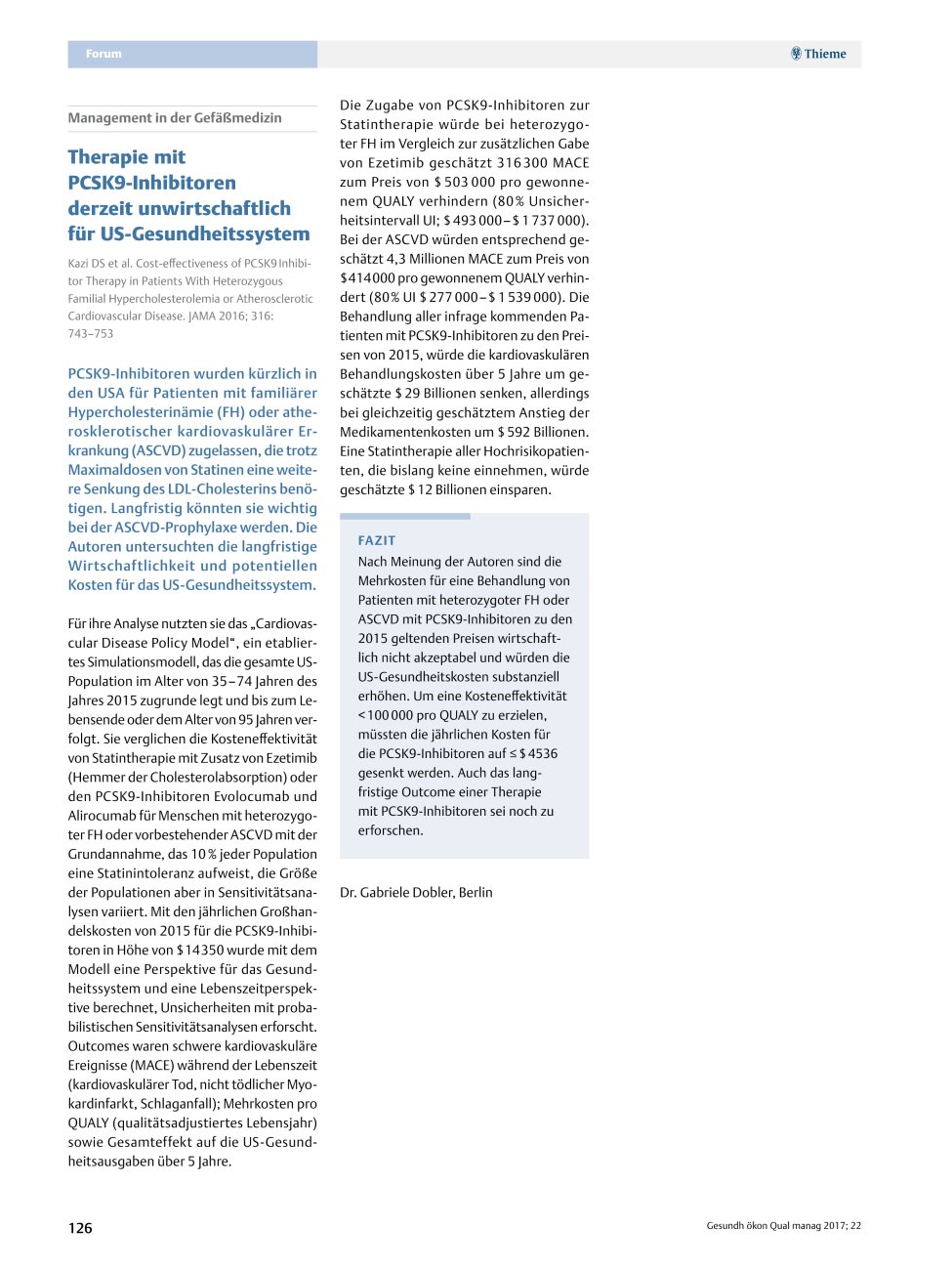 Vorschauseite 1: Management in der Gefäßmedizin ? Therapie mit PCSK9-Inhibitoren derzeit unwirtschaftlich für US-Gesundheitssystem