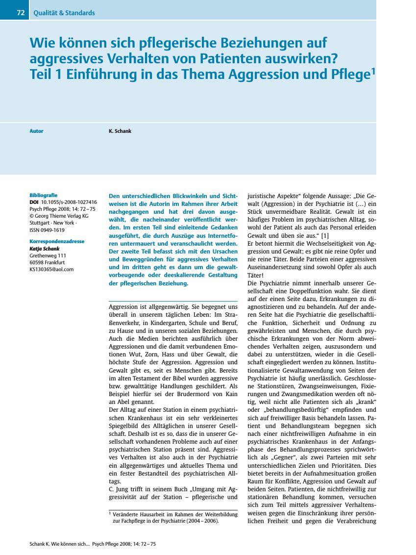 Vorschauseite 1: Wie können sich pflegerische Beziehungen auf aggressives Verhalten von Patienten auswirken?Teil 1 Einführung in das Thema Aggression und Pflege