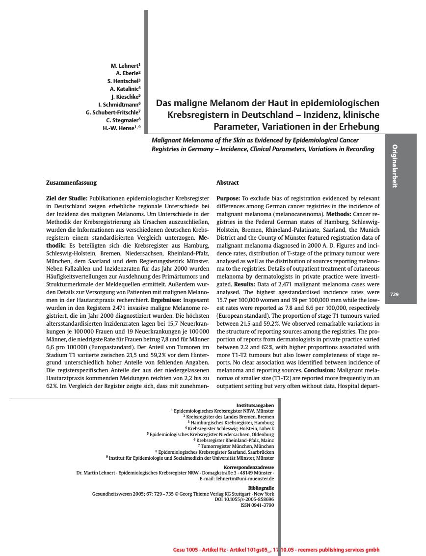 Vorschauseite 1: Das maligne Melanom der Haut in epidemiologischen Krebsregistern in Deutschland - Inzidenz, klinische Parameter, Variationen in der Erhebung