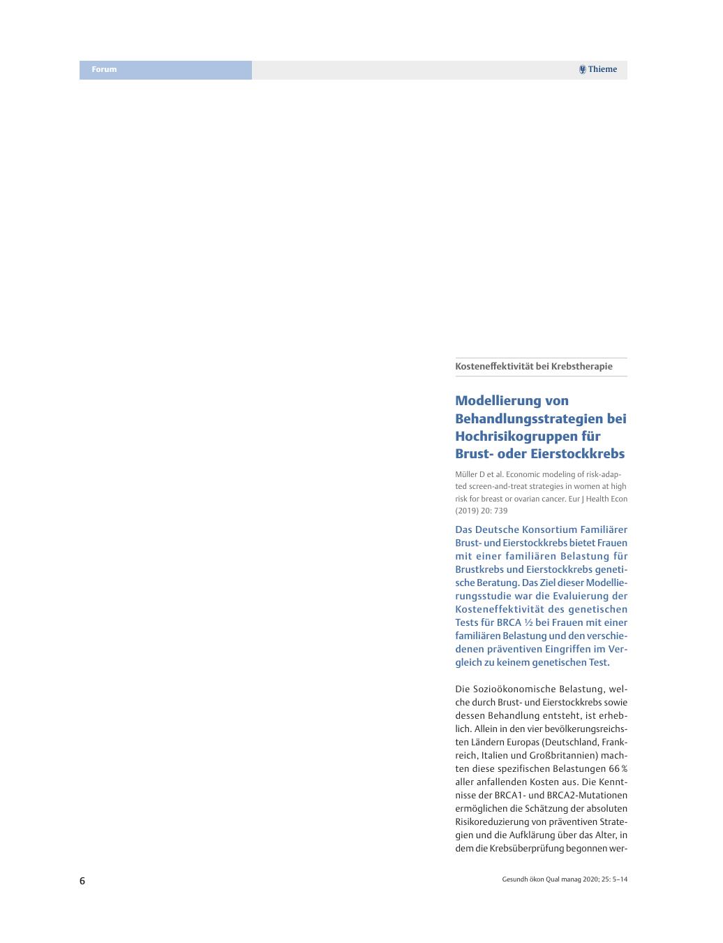 Vorschauseite 1: Kosteneffektivität bei Krebstherapie – Modellierung von Behandlungsstrategien bei Hochrisikogruppen für Brustoder Eierstockkrebs