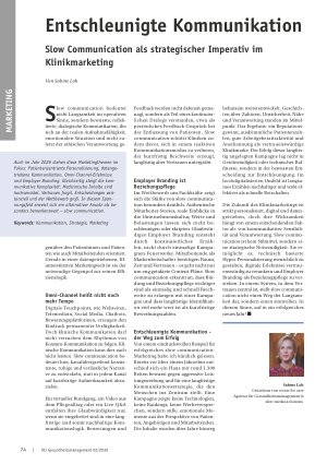 Vorschauseite 1: Entschleunigte Kommunikation Slow Communication als strategischer Imperativ im Klinikmarketing