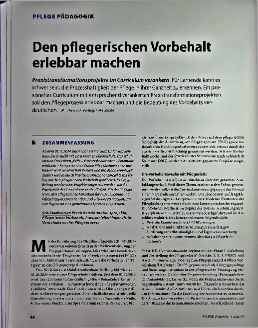 Vorschauseite 1: Den pflegerischen Vorbehalt erlebbar machen
