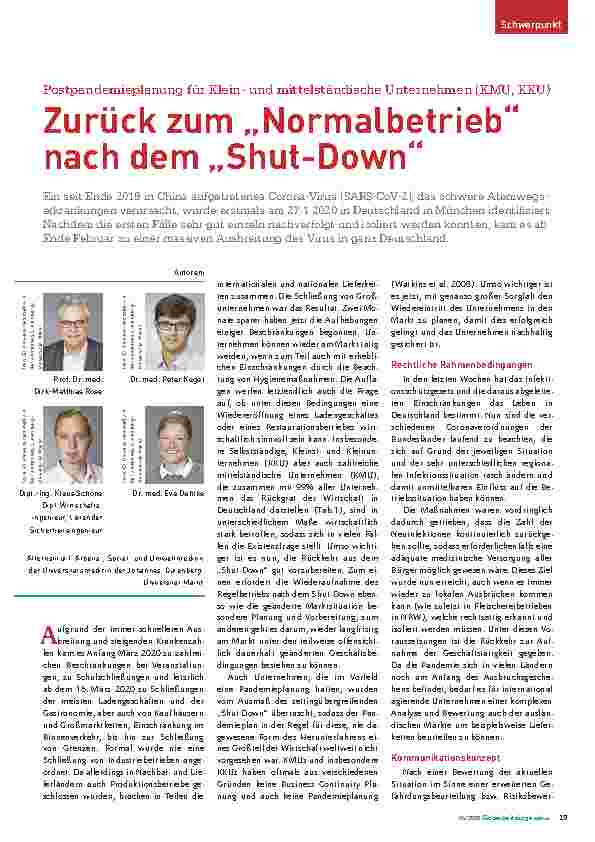 Vorschauseite 1: Postpandemieplanung für Kleinund mittelständische Unternehmen (KMU, KMU) Zurück zum „Normalbetrieb“ nach dem „Shutdown“