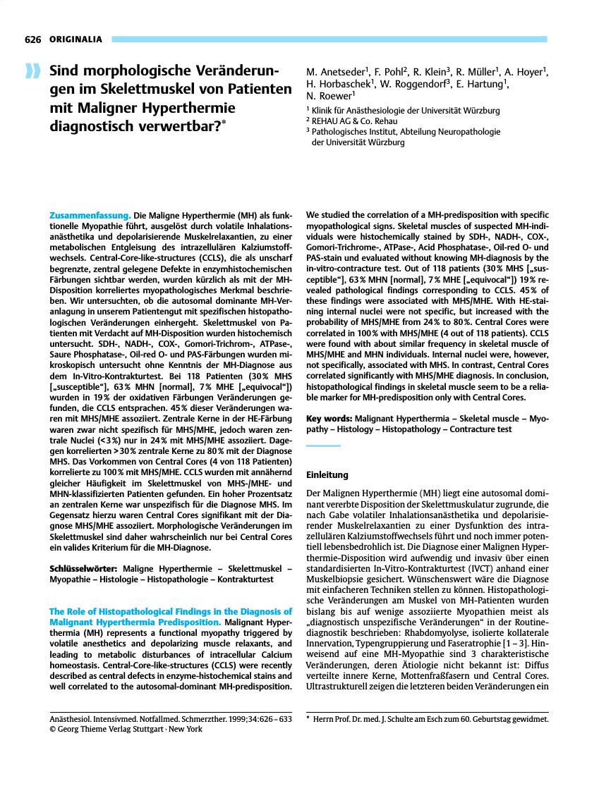 Vorschauseite 1: Sind morphologische Veränderungen im Skelettmuskel von Patienten mit Maligner Hyperthermie diagnostisch verwertbar?