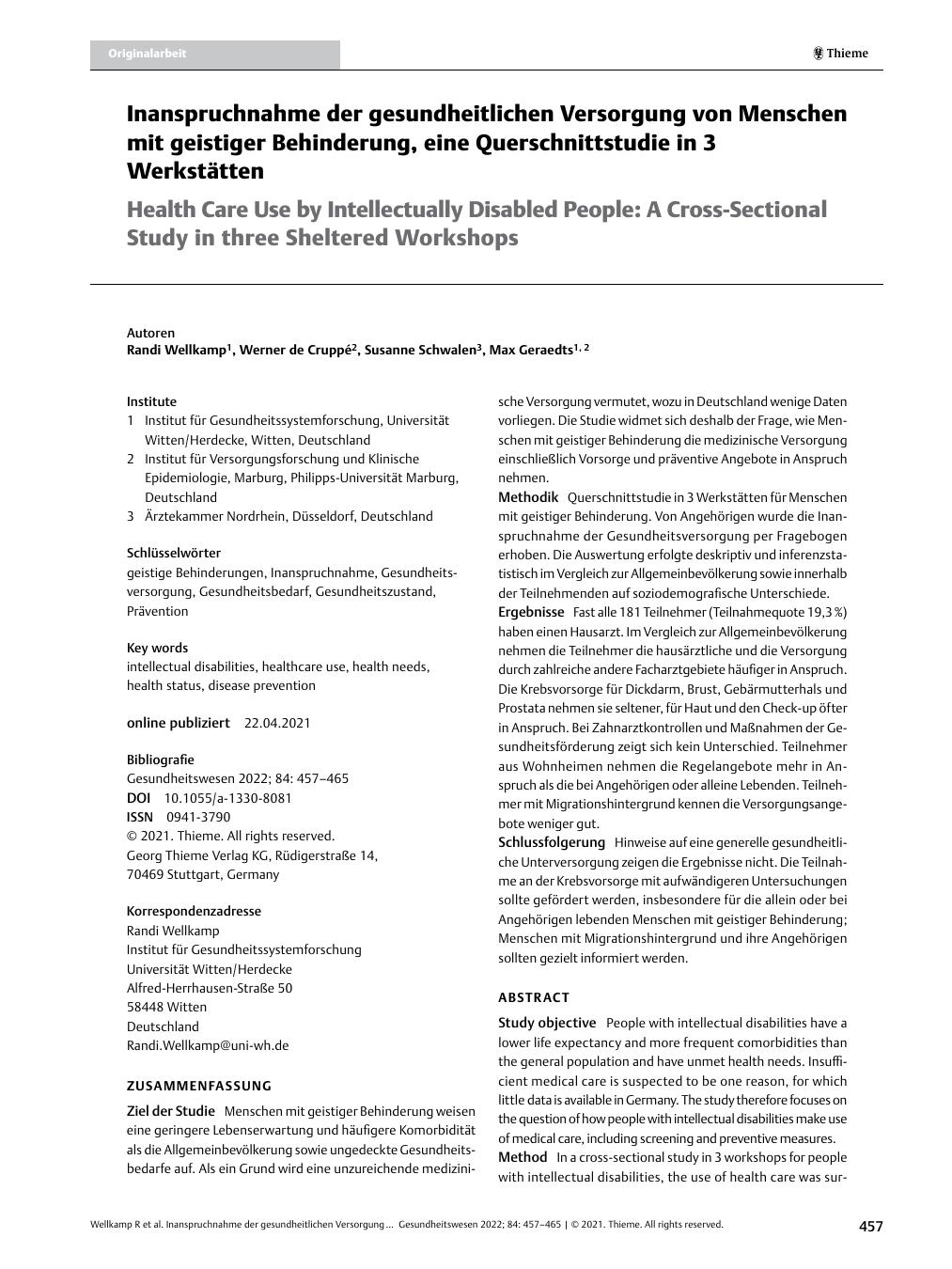 Vorschauseite 1: Inanspruchnahme der gesundheitlichen Versorgung von Menschen mit geistiger Behinderung: eine Querschnittstudie in 3 Werkstätten