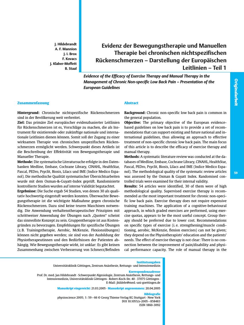 Vorschauseite 1: Evidenz der Bewegungstherapie und Manuellen Therapie bei chronischen nichtspezifischen Rückenschmerzen - Darstellung der Europäischen Leitlinien - Teil 1