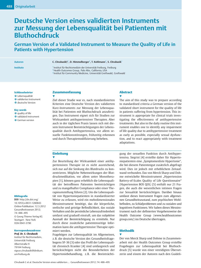 Vorschauseite 1: Deutsche Version eines validierten Instruments zur Messung der Lebensqualität bei Patienten mit Bluthochdruck