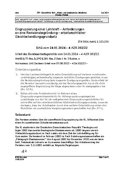 Vorschauseite 1: Eingruppierung einer Lehrkraft – Anforderungen an eine Revisionsbegründung – arbeitsrechtlicher Gleichbehandlungsgrundsatz