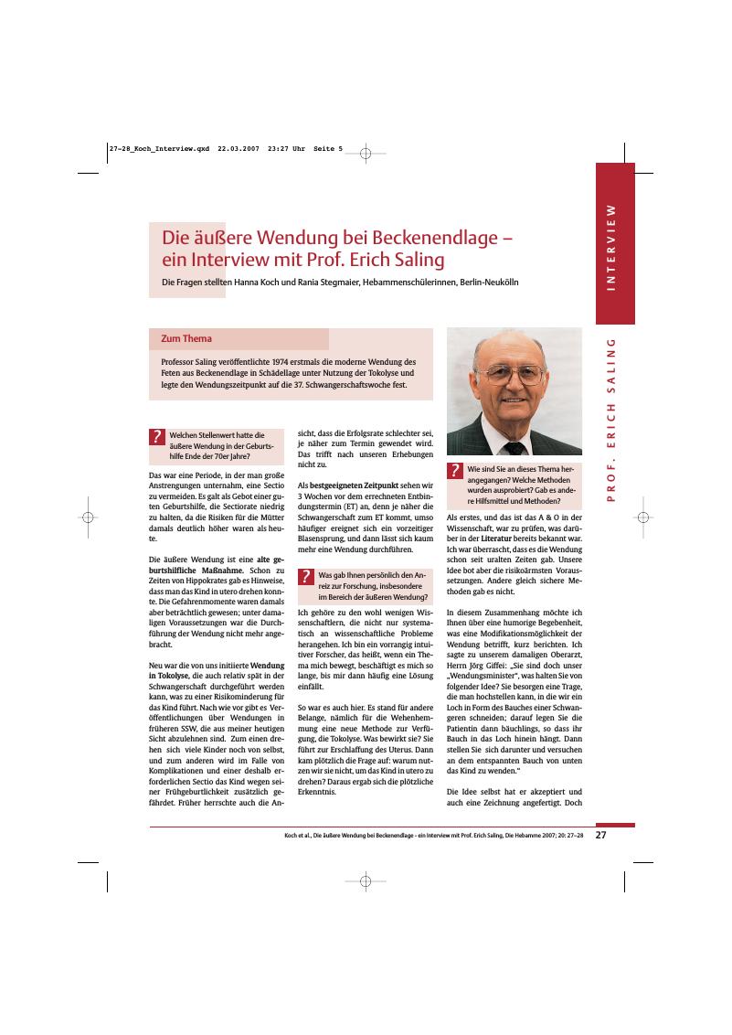 Vorschauseite 1: Die äußere Wendung bei Beckenendlage - ein Interview mit Prof. Erich Saling