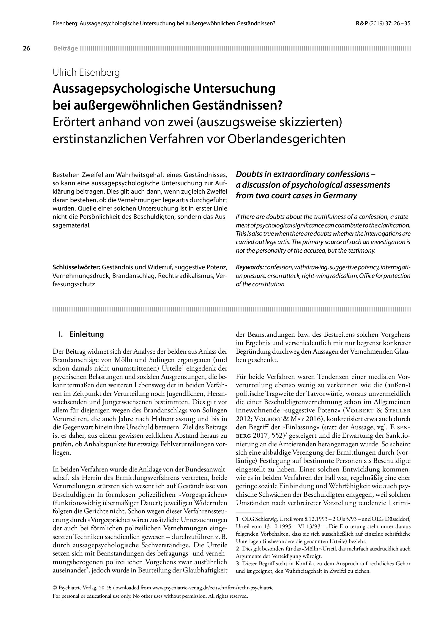 Vorschauseite 1: Aussagepsychologische Untersuchung bei außergewöhnlichen Geständnissen? Erörtert anhand von zwei (auszugsweise skizzierten) erstinstanzlichen Verfahren vor Oberlandesgerichten