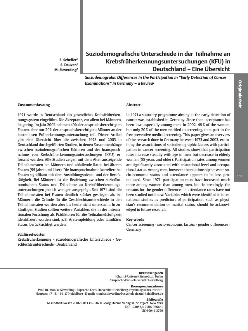 Vorschauseite 1: Soziodemografische Unterschiede in der Teilnahme an Krebsfrüherkennungsuntersuchungen (KFU) in Deutschland - Eine Übersicht