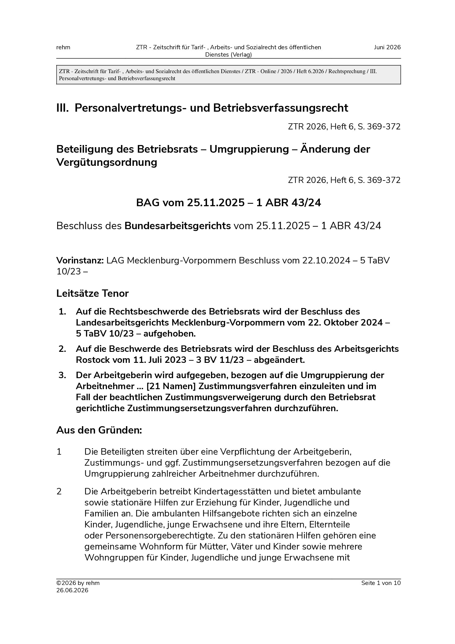 Vorschauseite 1: Beteiligung des Betriebsrats – Umgruppierung – Änderung der Vergütungsordnung