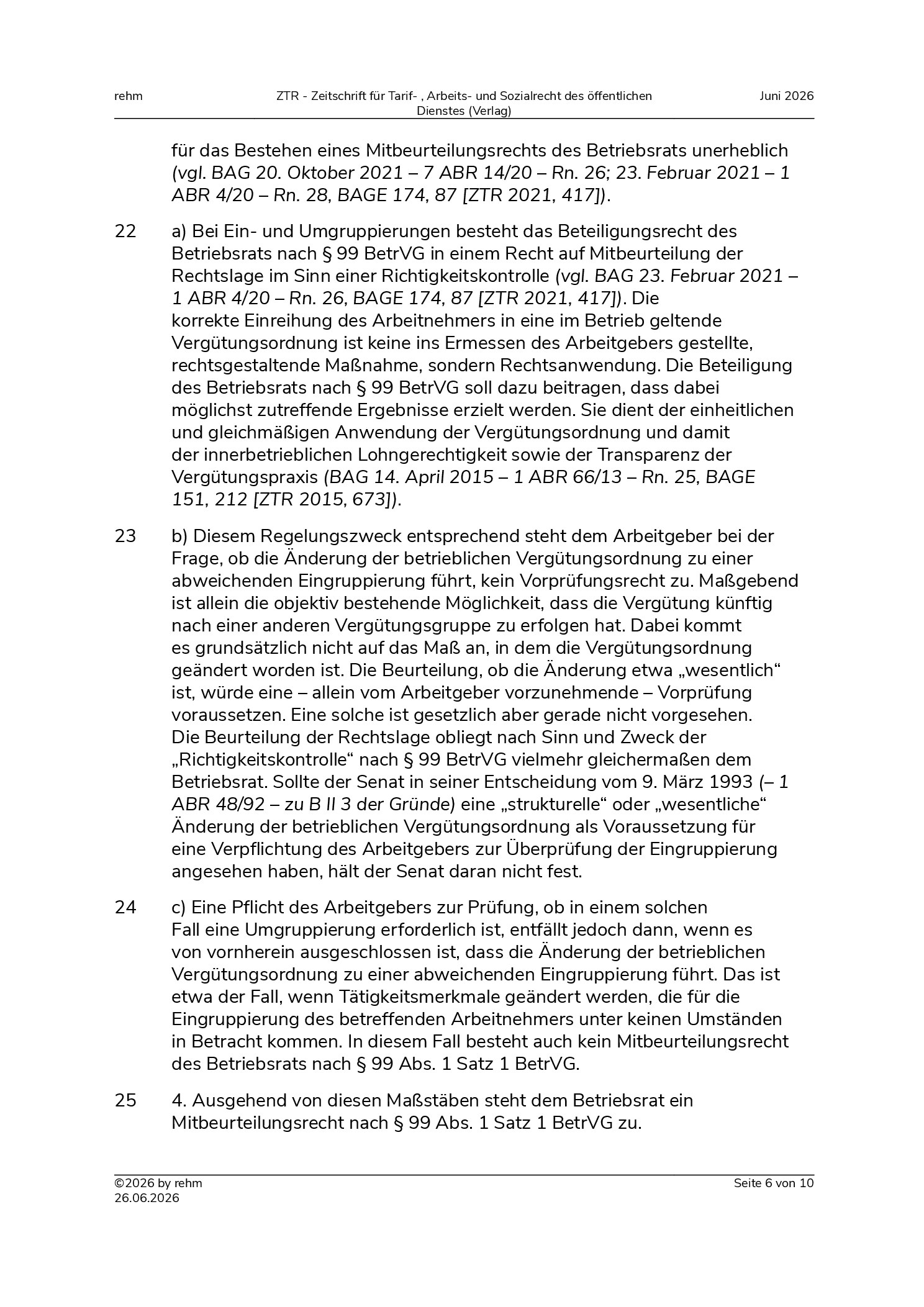 Vorschauseite 6: Beteiligung des Betriebsrats – Umgruppierung – Änderung der Vergütungsordnung
