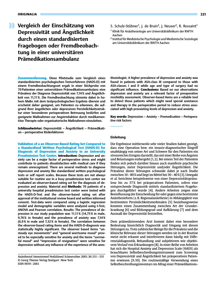 Vorschauseite 1: Vergleich der Einschätzung von Depressivität und Ängstlichkeit durch einen standardisierten Fragebogen oder Fremdbeobachtung in einer universitären Prämedikationsambulanz