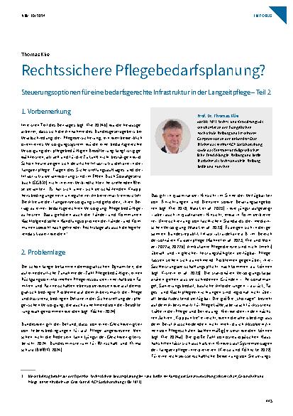 Vorschauseite 1: Rechtssichere Pflegebedarfsplanung? Steuerungsoptionen für eine bedarfsgerechte Infrastruktur in der Langzeitpflege – Teil 2
