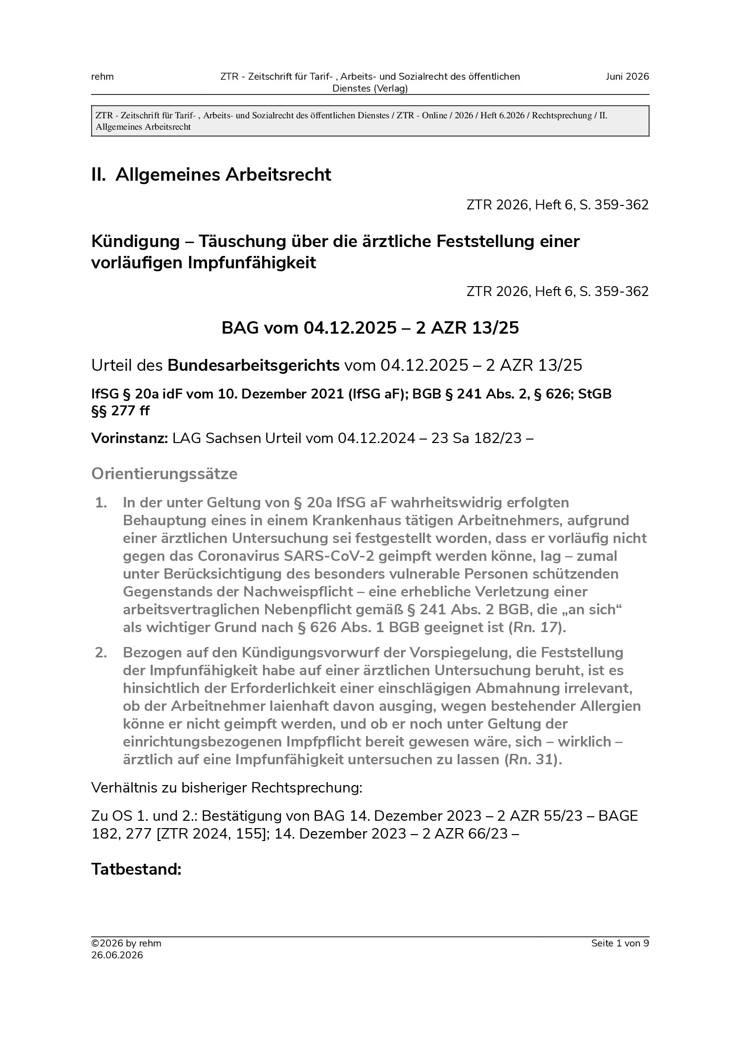 Vorschauseite 1: Kündigung – Täuschung über die ärztliche Feststellung einer vorläufigen Impfunfähigkeit