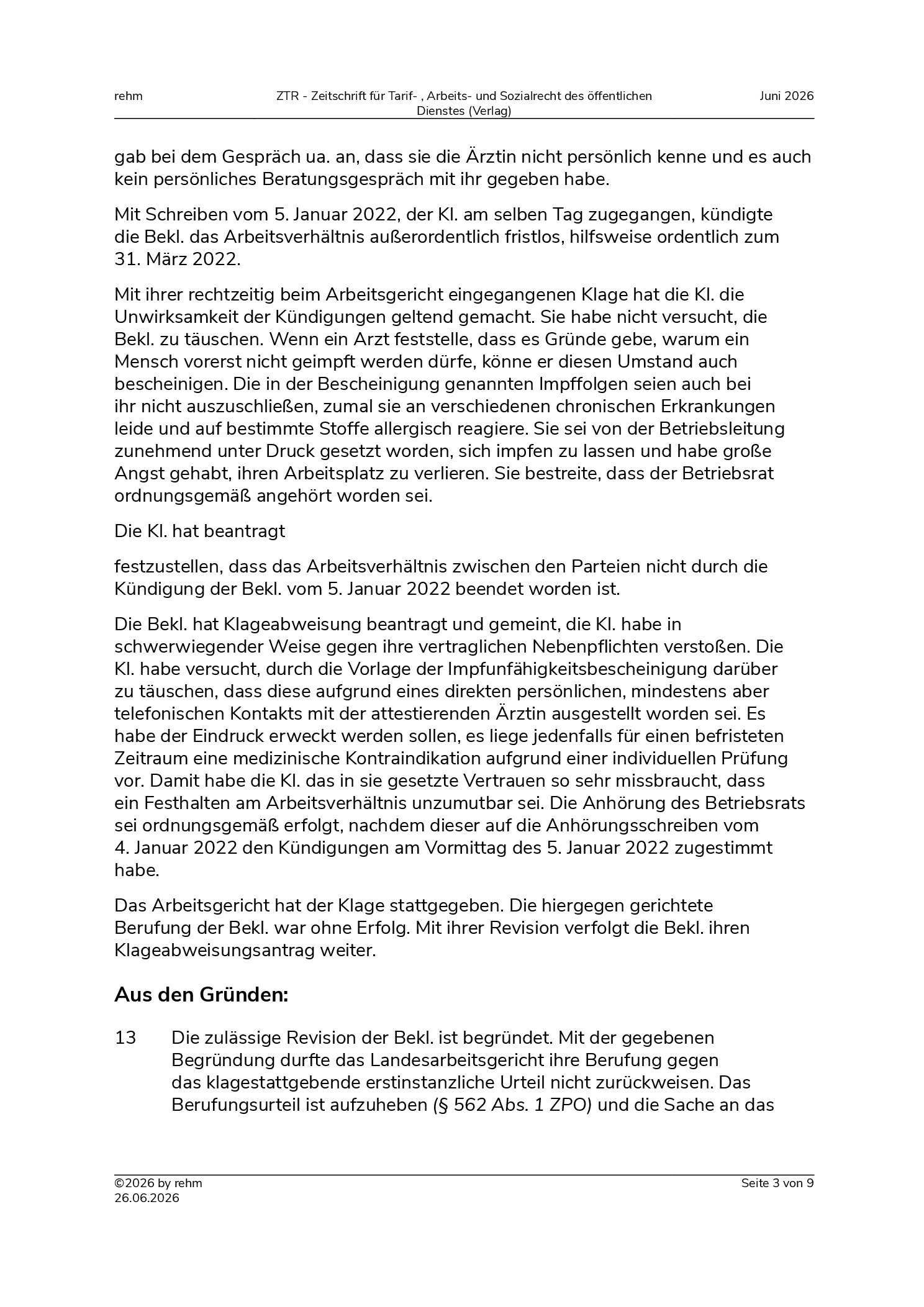 Vorschauseite 3: Kündigung – Täuschung über die ärztliche Feststellung einer vorläufigen Impfunfähigkeit