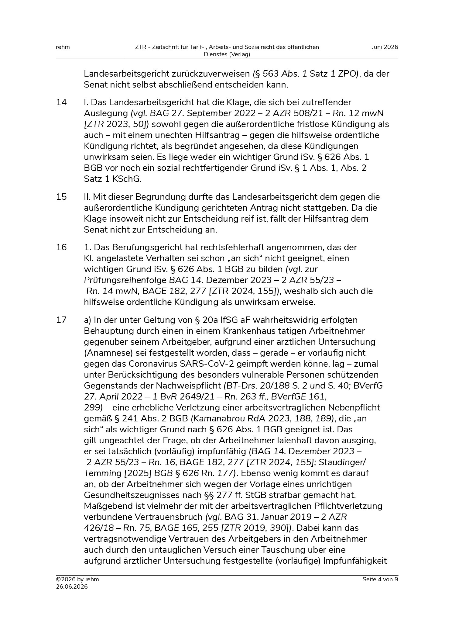 Vorschauseite 4: Kündigung – Täuschung über die ärztliche Feststellung einer vorläufigen Impfunfähigkeit