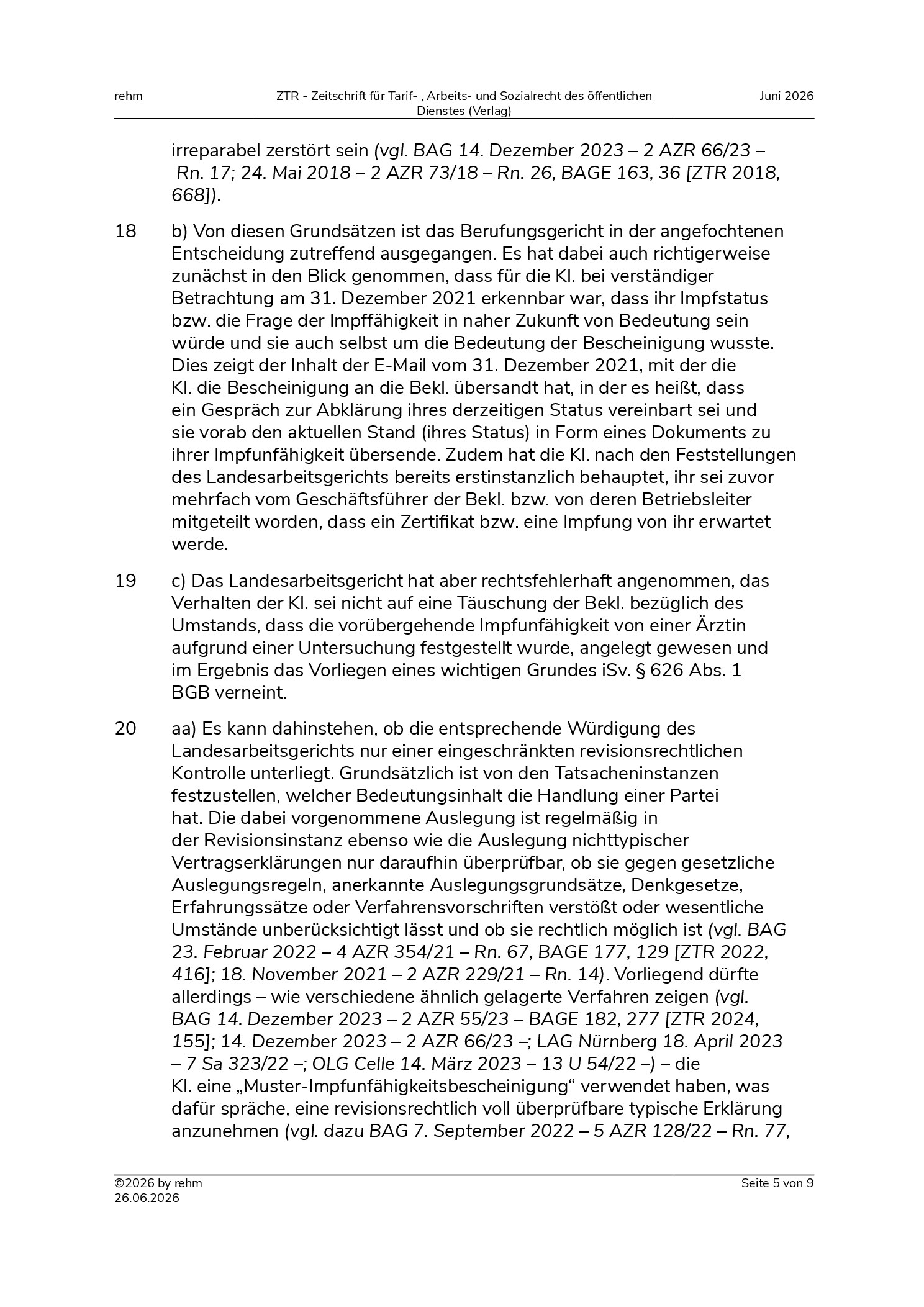 Vorschauseite 5: Kündigung – Täuschung über die ärztliche Feststellung einer vorläufigen Impfunfähigkeit