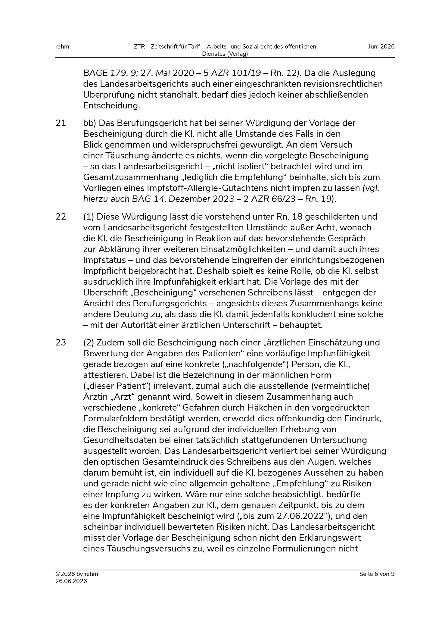Vorschauseite 6: Kündigung – Täuschung über die ärztliche Feststellung einer vorläufigen Impfunfähigkeit