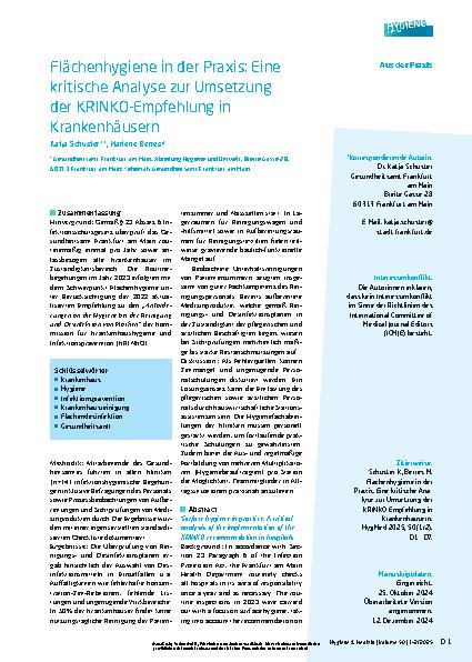 Vorschauseite 1: Flächenhygiene in der Praxis: Eine kritische Analyse zur Umsetzung der KRINKO-Empfehlung in Krankenhäusern