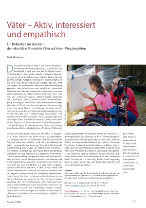 Vorschauseite 1: Väter – Aktiv, interessiert und empathisch Ein Rollenbild im Wandel – der lvkm-bb e. V. möchte Väter auf ihrem Weg begleiten