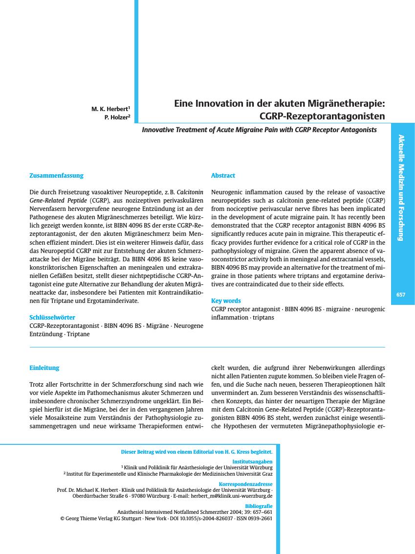 Vorschauseite 1: Eine Innovation in der akuten Migränetherapie: CGRP-Rezeptorantagonisten