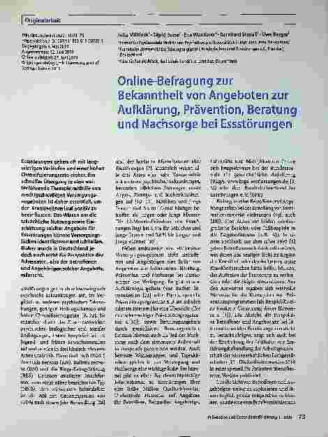Vorschauseite 1: Online-Befragung zur Bekanntheit von Angeboten zur Aufklärung, Prävention, Beratung und Nachsorge bei Essstörungen