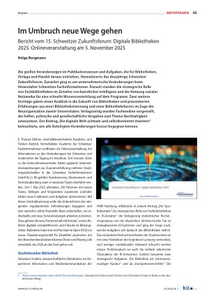 Vorschauseite 1: Im Umbruch neue Wege gehen Bericht vom 15. Schweitzer Zukunftsforum: Digitale Bibliotheken 2025. Onlineveranstaltung am 5. November 2025