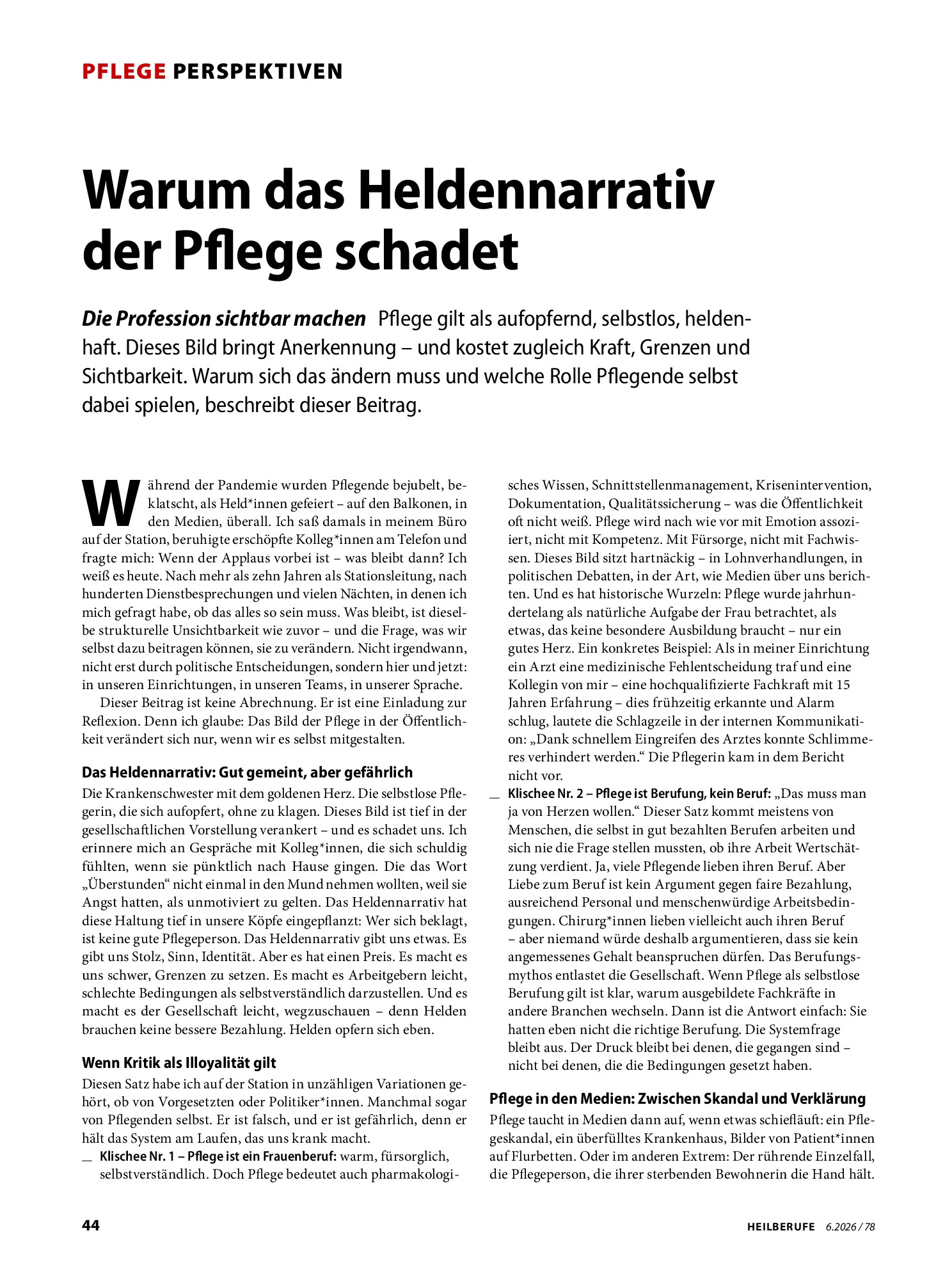 Vorschauseite 1: Warum das Heldennarrativ der Pflege schadet