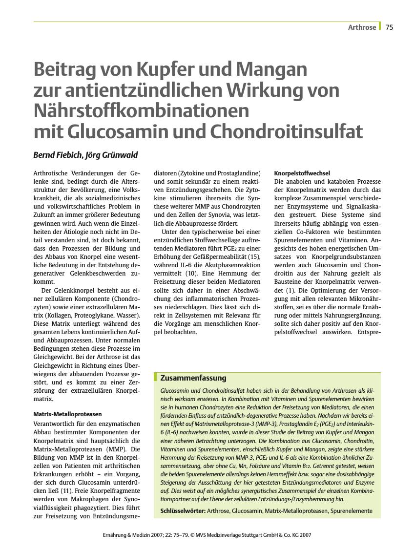 Vorschauseite 1: Beitrag von Kupfer und Mangan zur antientzündlichen Wirkung von Nährstoffkombinationen mit Glucosamin und Chondroitinsulfat