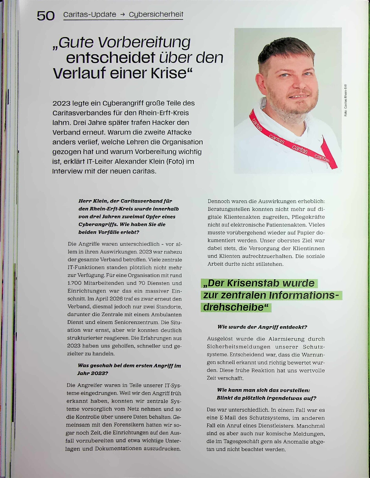 Vorschauseite 1: Caritas-Update – Cybersicherheit: „Gute Vorbereitung entscheidet über den Verlauf einer Krise“