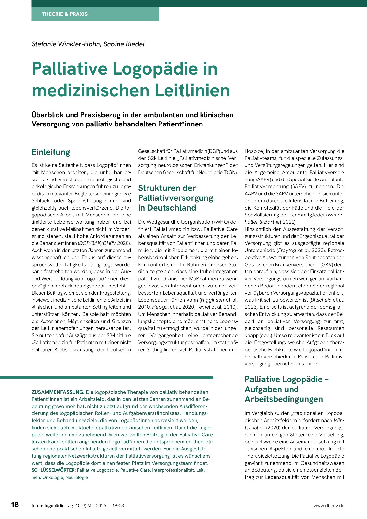 Vorschauseite 1: Palliative Logopädie in medizinischen Leitlinien