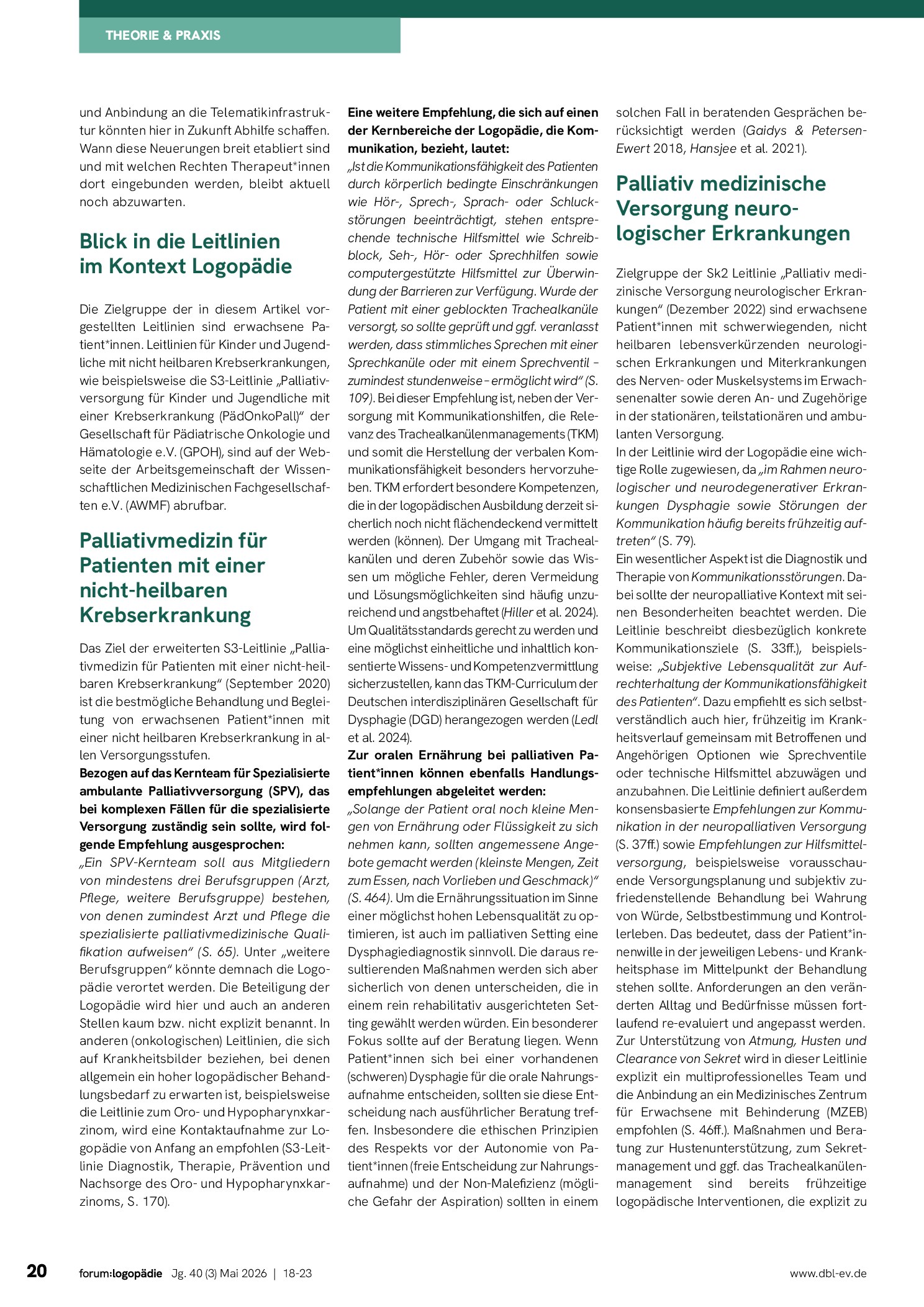 Vorschauseite 3: Palliative Logopädie in medizinischen Leitlinien