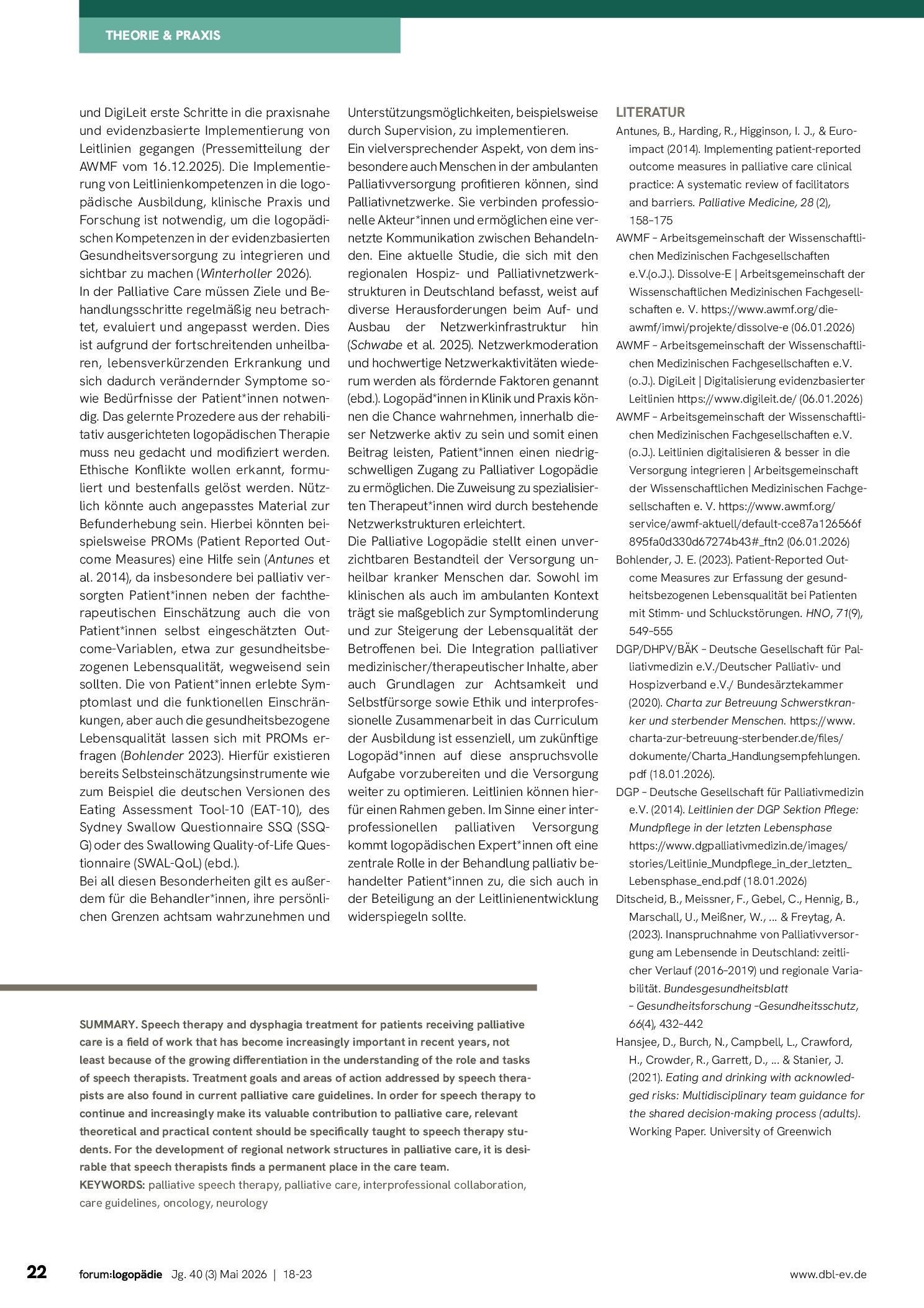 Vorschauseite 5: Palliative Logopädie in medizinischen Leitlinien