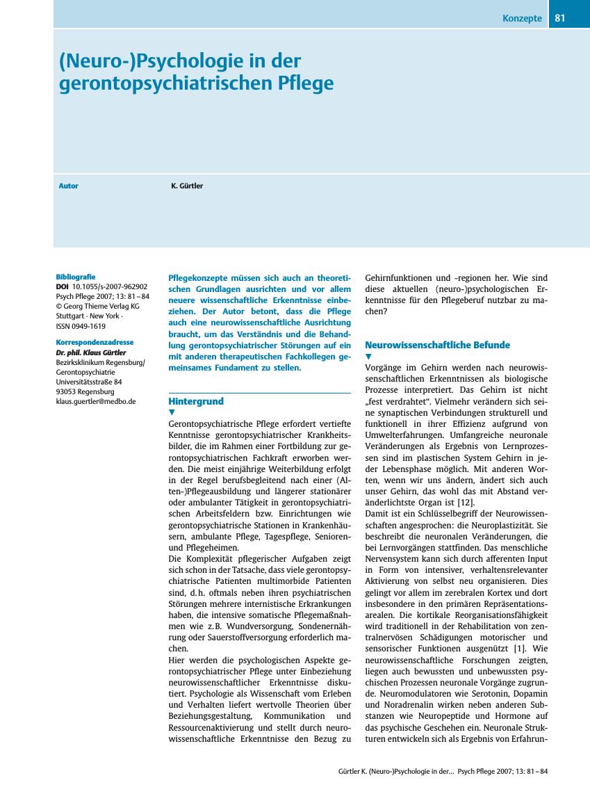 Vorschauseite 1: (Neuro-)Psychologie in der gerontopsychiatrischen Pflege
