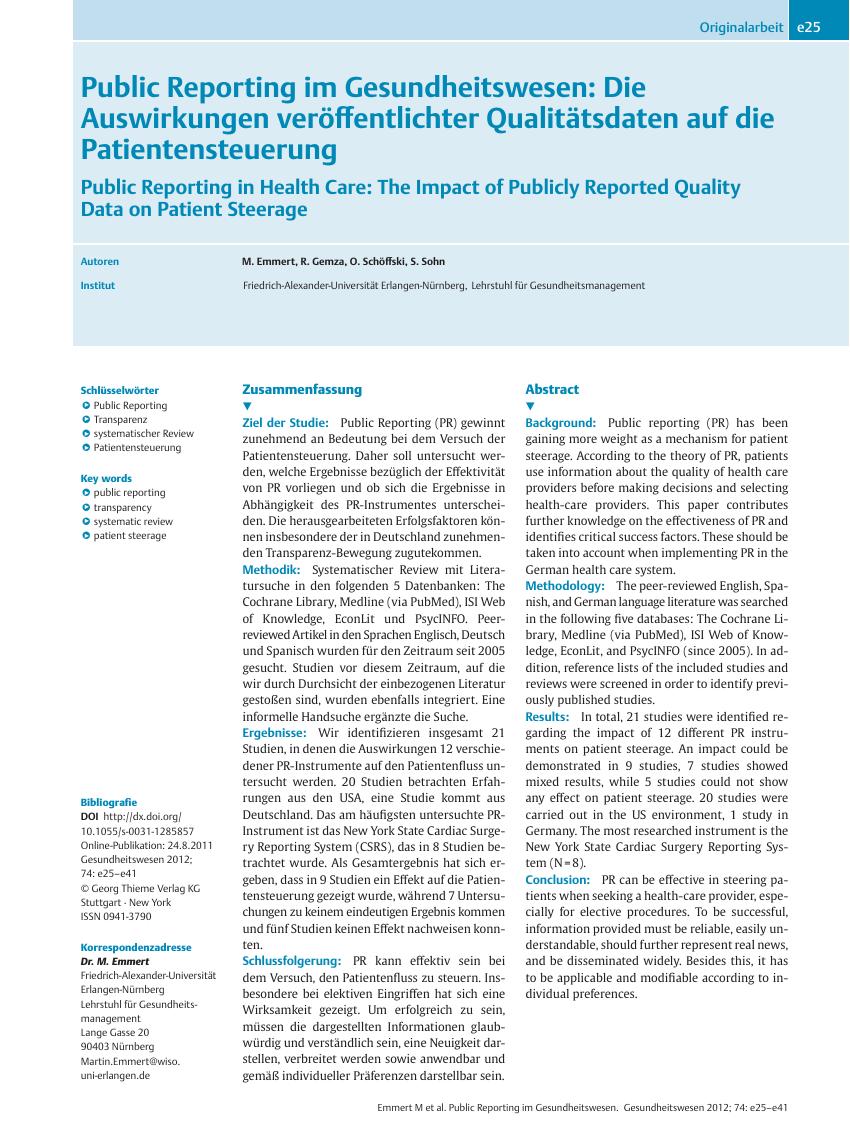 Vorschauseite 1: Public Reporting im Gesundheitswesen: Die Auswirkungen veröffentlichter Qualitätsdaten auf die Patientensteuerung