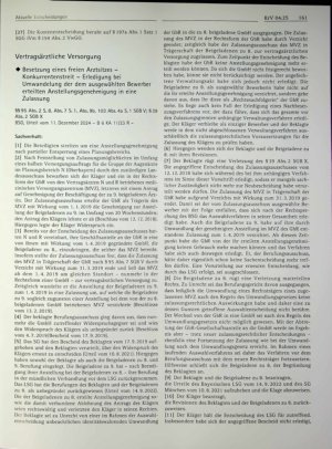 Vorschauseite 1: Vertragsärztliche Versorgung ♦ Besetzung eines freien Arztsitzes - Konkurrentenstreit - Erledigung bei Umwandelung der dem ausgewählten Bewerber erteilten Anstellungsgenehmigung i…