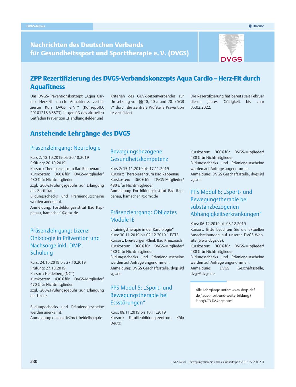 Vorschauseite 1: Nachrichten des Deutschen Verbands für Gesundheitssport und Sporttherapie e. V. (DVGS)