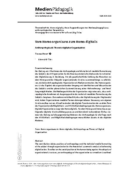 Vorschauseite 1: Vom Homo organizans zum Homo digitalis: Anthropologie als Theorie digitaler Organisation
