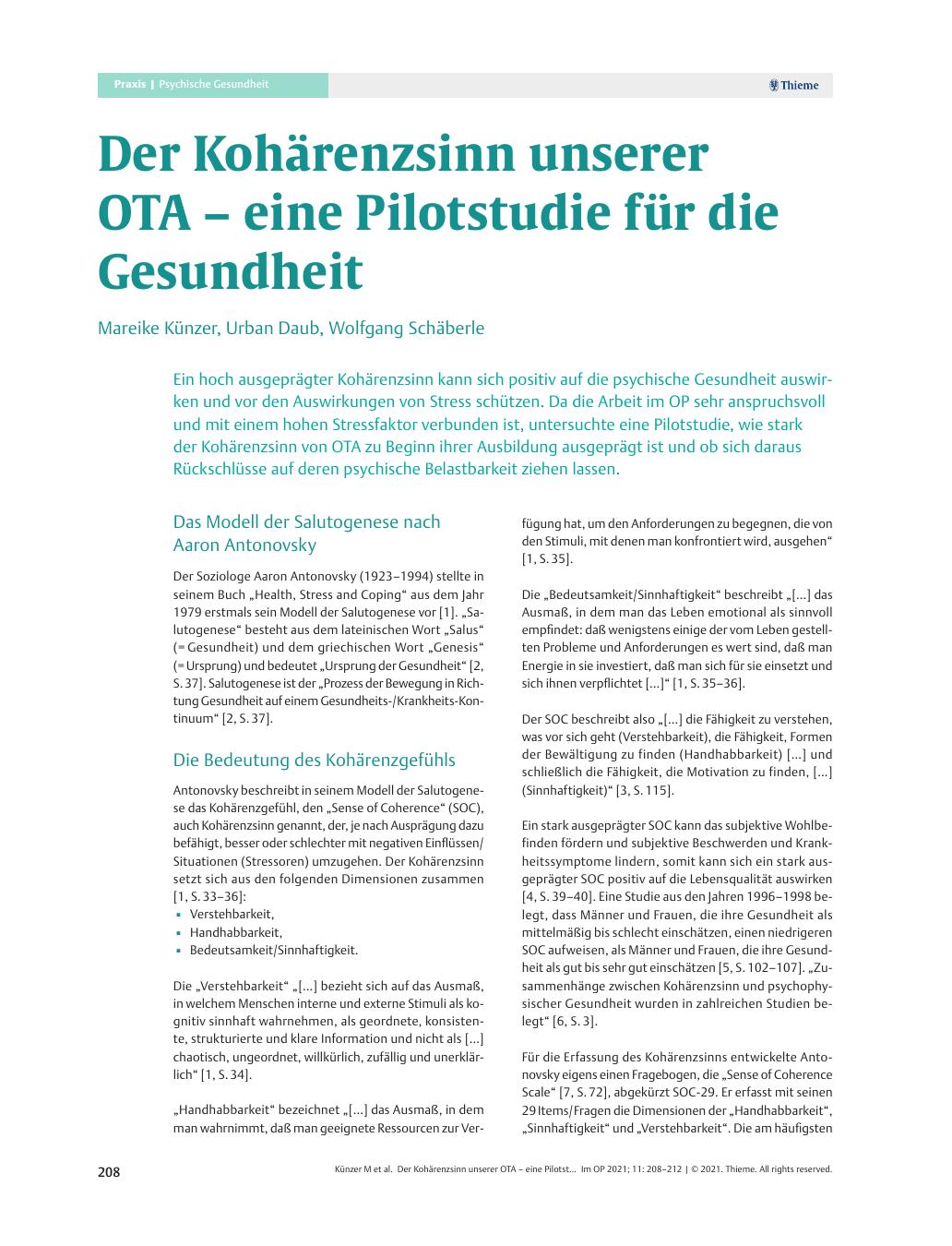 Vorschauseite 1: Der Kohärenzsinn unserer OTA – eine Pilotstudie für die Gesundheit