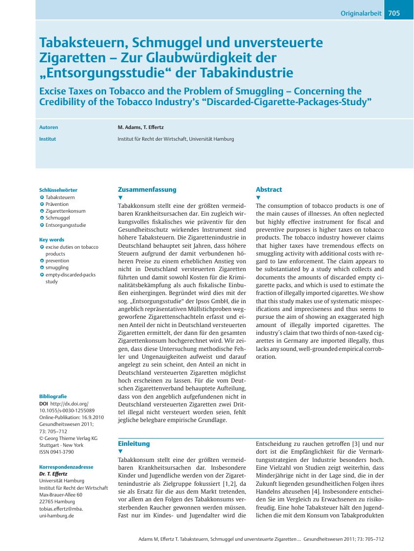 Vorschauseite 1: Tabaksteuern, Schmuggel und unversteuerte Zigaretten – Zur Glaubwürdigkeit der „Entsorgungsstudie“ der Tabakindustrie