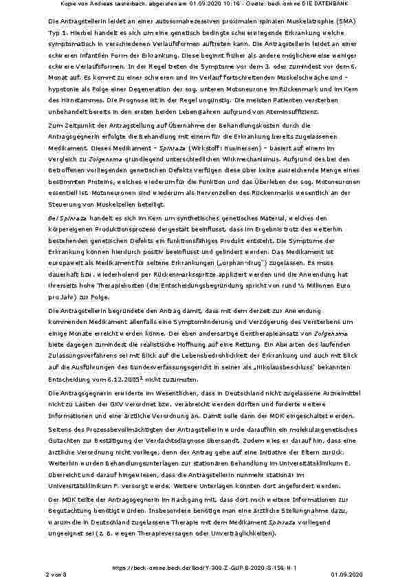 Vorschauseite 2: Keine Übernahme der Behandlungskosten für das in Deutschland und in der EU zum Entscheidungszeitpunkt nicht zugelassene Medikament Zolgensma bei einer sieben Monate alten Antragst…