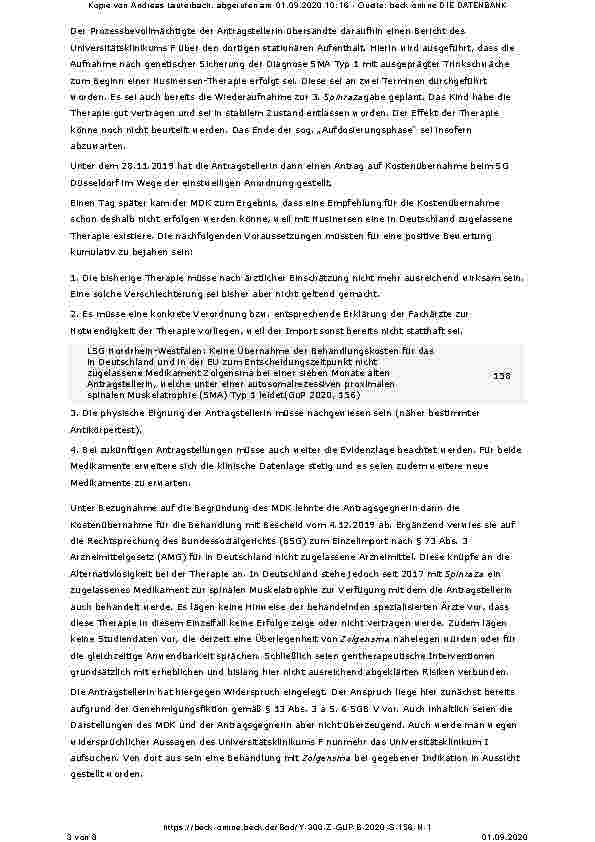 Vorschauseite 3: Keine Übernahme der Behandlungskosten für das in Deutschland und in der EU zum Entscheidungszeitpunkt nicht zugelassene Medikament Zolgensma bei einer sieben Monate alten Antragst…