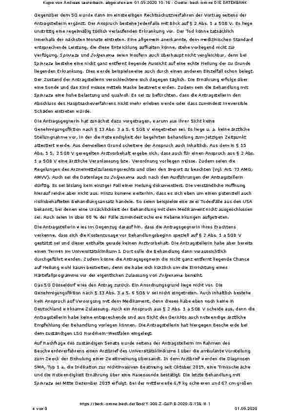 Vorschauseite 4: Keine Übernahme der Behandlungskosten für das in Deutschland und in der EU zum Entscheidungszeitpunkt nicht zugelassene Medikament Zolgensma bei einer sieben Monate alten Antragst…