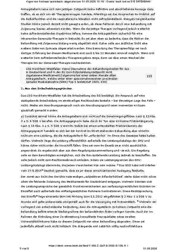 Vorschauseite 5: Keine Übernahme der Behandlungskosten für das in Deutschland und in der EU zum Entscheidungszeitpunkt nicht zugelassene Medikament Zolgensma bei einer sieben Monate alten Antragst…