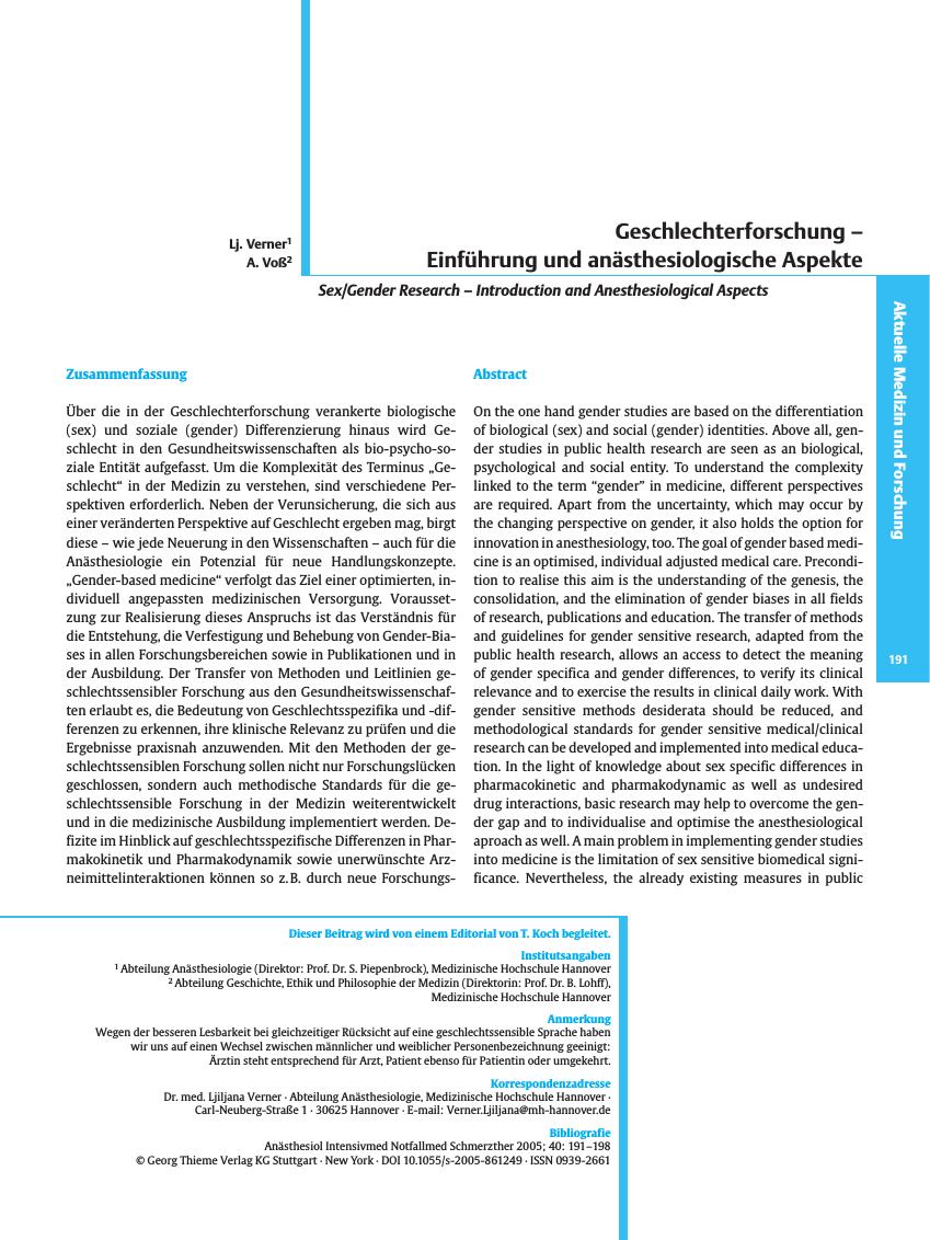 Vorschauseite 1: Geschlechterforschung - Einführung und anästhesiologische Aspekte